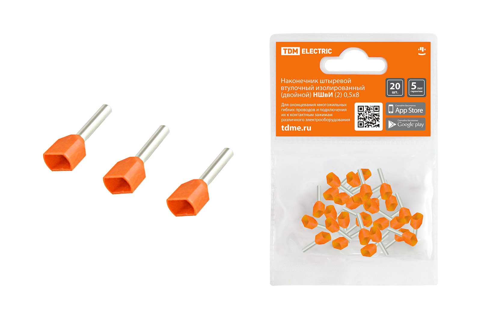 Наконечник штыревой втулочный изолированный (двойной) НШвИ (2) 0,5?8 (20шт) TDM SQ0568-0047