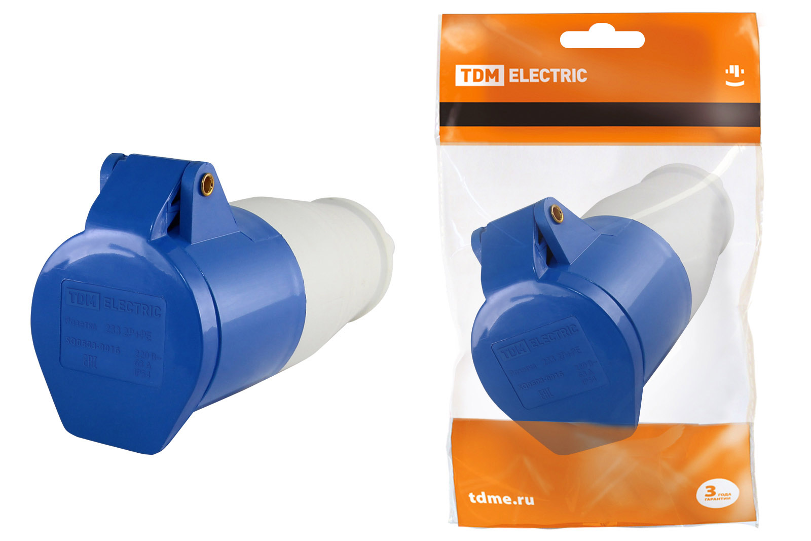 Розетка 233 переносная 2Р+РЕ 63А 220В IP54 TDM SQ0603-0016