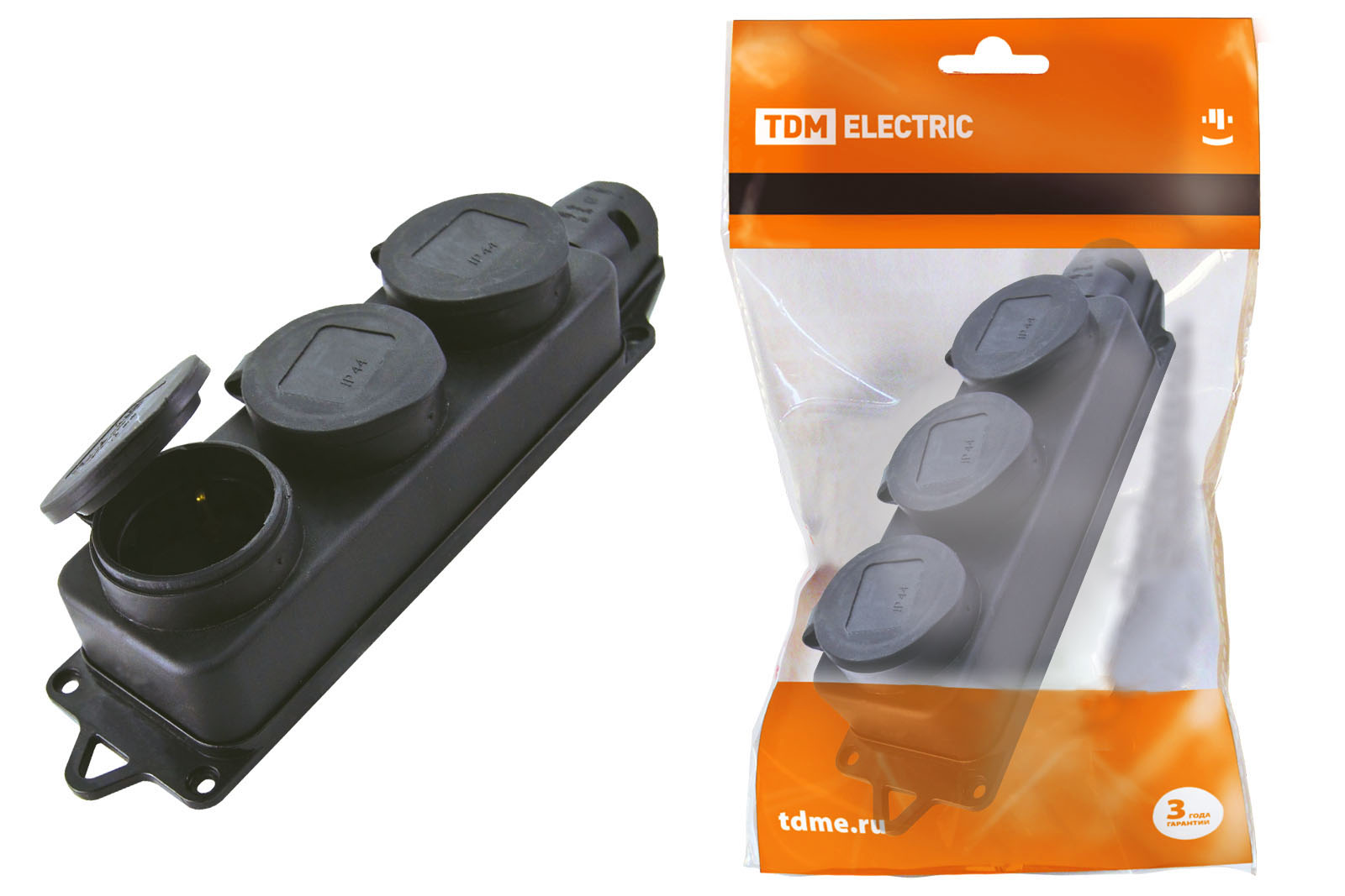 Розетка трехместная с заглушками каучук 2Р+РЕ 16А 250В IP44 TDM SQ0612-0008