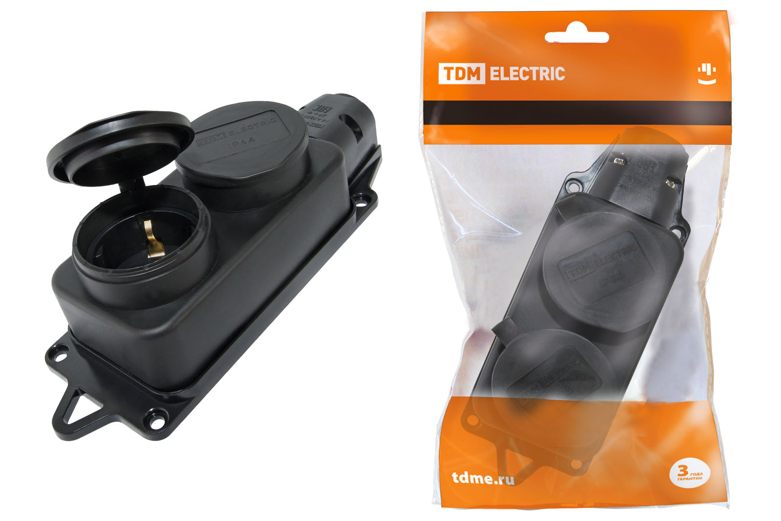 Розетка двухместная с заглушками каучук 2Р+РЕ 16А 250В IP44 TDM SQ0612-0010