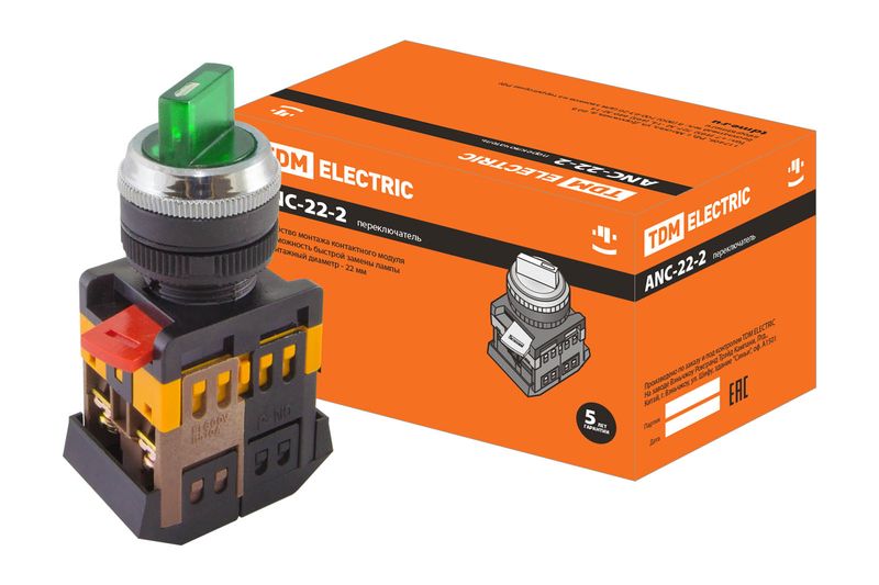 Переключатель АNС-22-2 на 2 фикс.полож.зеленый неон/230В I-O 1з+1р TDM SQ0703-0002