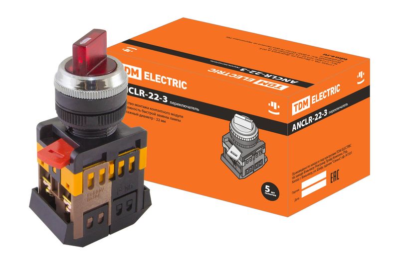 Переключатель АNСLR-22-3 на 3 фикс.полож.красный неон/230В I-O 1з+1р TDM SQ0703-0004