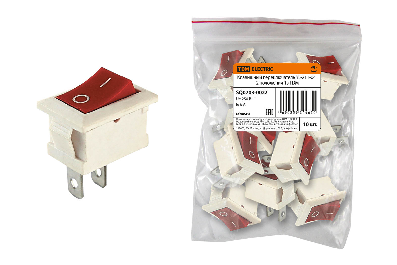 Клавишный переключатель YL-211-04 белый корпус красная клавиша 2 положения 1з TDM SQ0703-0022
