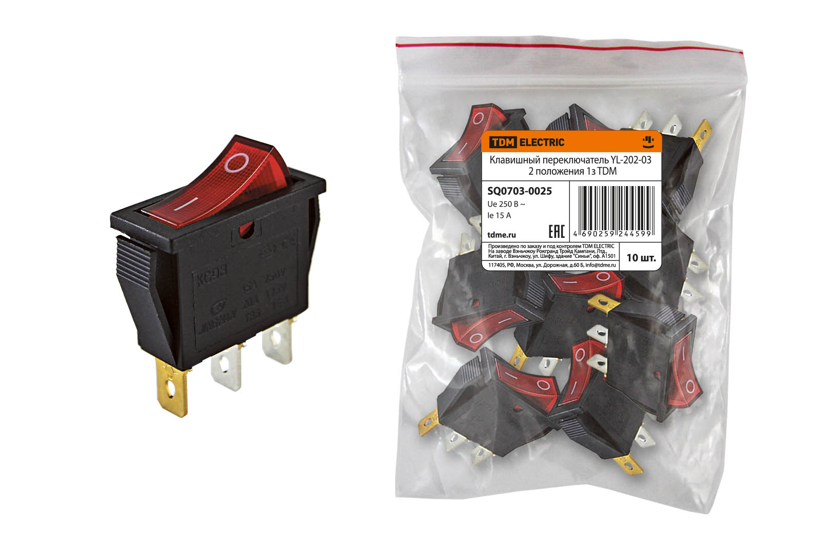 Клавишный переключатель YL-202-03 черный корпус красная клавиша 2 положения 1з TDM SQ0703-0025