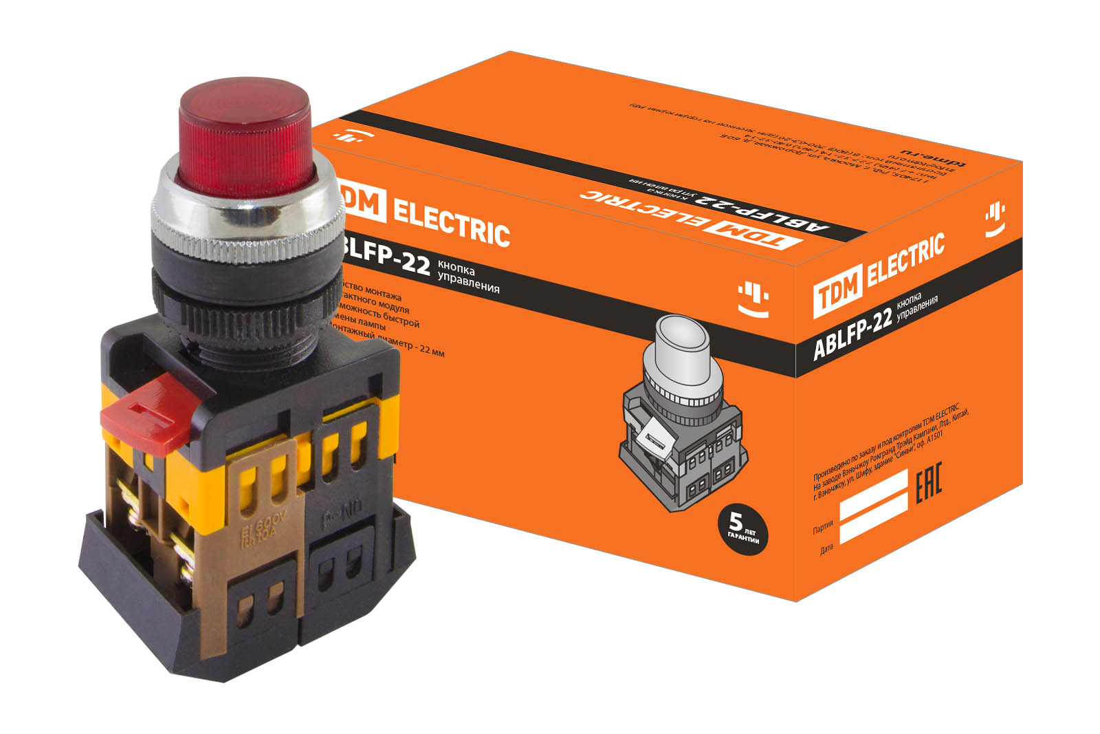 Кнопка ABLFP-22 красный d22мм неон/230В 1з+1р TDM SQ0704-0005