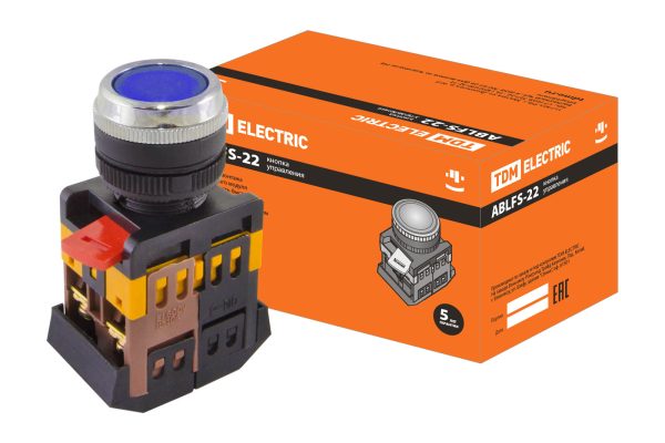 Кнопка ABLFS-22 синий d22мм неон/230В 1з+1р TDM SQ0704-0011