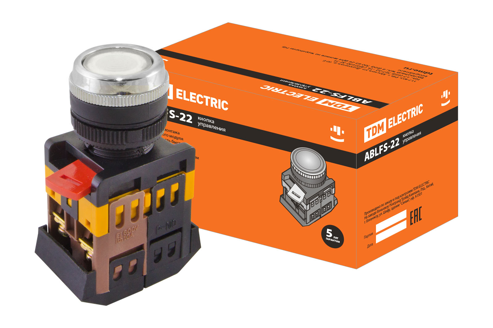 Кнопка ABLFS-22 белый d22мм неон/230В 1з+1р TDM SQ0704-0012