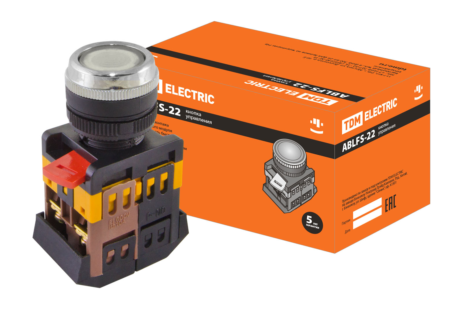 Кнопка ABLFS-22 прозрачн. d22мм неон/230В 1з+1р TDM SQ0704-0033