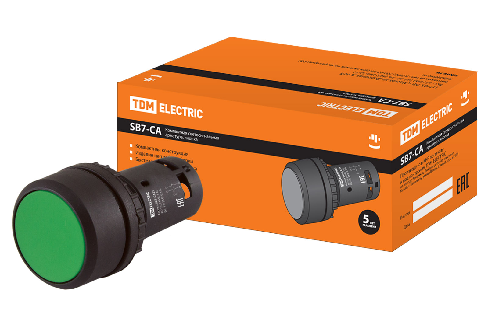 Кнопка SB7-CA35 d22мм 1з+1р зеленая TDM SQ0746-0011