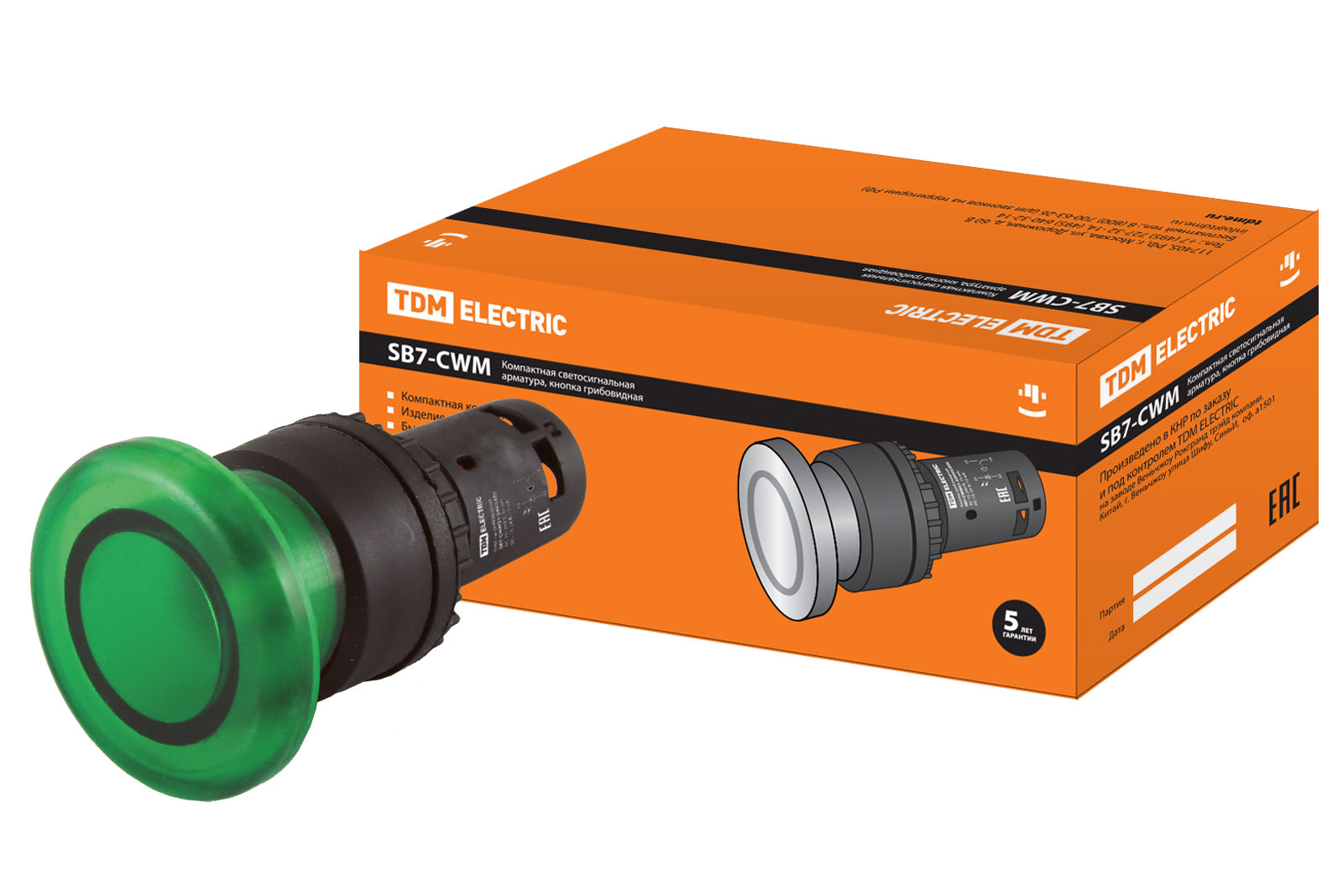 Кнопка грибовидная SB7-CWM31-24V(LED) d35мм 1з зеленая TDM SQ0746-0050