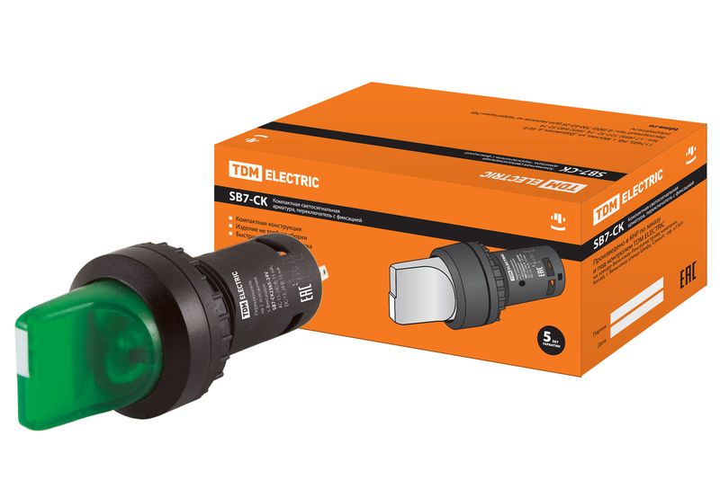 Переключатель на 2 положения с фиксацией SB7-CK2365-24V короткая ручка(LED) d22мм 1з+1р зеленый TDM SQ0746-0060