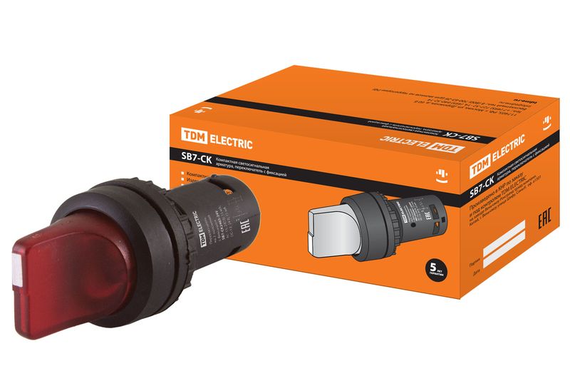 Переключатель на 2  положения с фиксацией SB7-CK2465-24V короткая ручка(LED) d22мм 1з+1р красный TDM SQ0746-0062