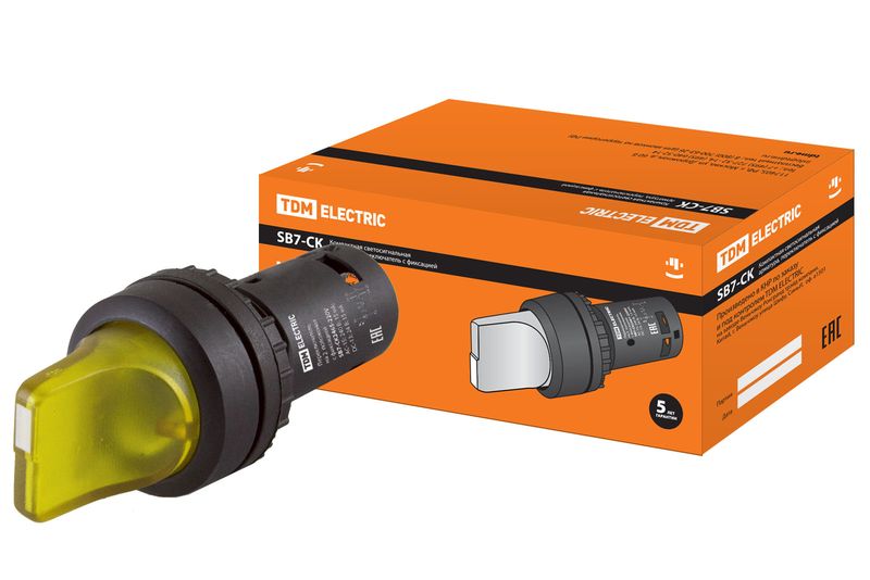 Переключатель на 2  положения с фиксацией SB7-CK2565-220V короткая ручка(LED) d22мм 1з+1р желтый TDM SQ0746-0063