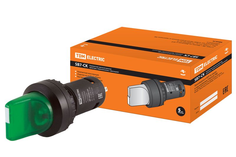 Переключатель на  3 положения с фиксацией SB7-CK3365-24V короткая ручка(LED) d22мм 1з+1р зеленый TDM SQ0746-0066