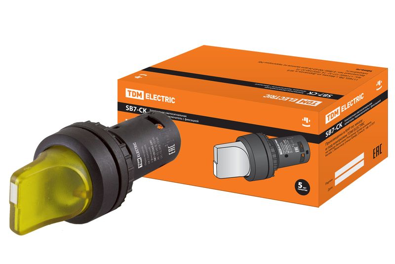Переключатель на 3 положения с фиксацией SB7-CK3565-24V короткая ручка(LED) d22мм 1з+1р желтый TDM SQ0746-0070