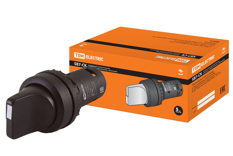 Переключатель на 2 положения с фиксацией SB7-CD25 короткая ручка d22мм 1з+1р черный TDM SQ0746-0071