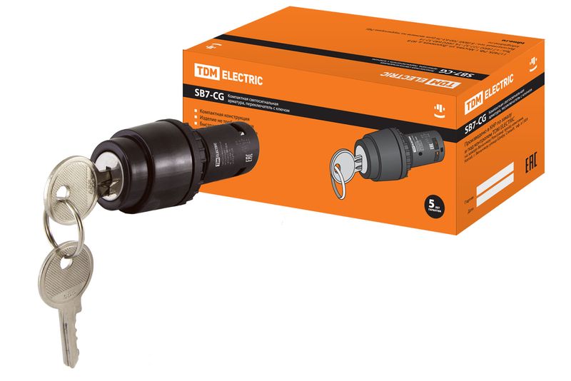 Переключатель с ключом на 2 положения с фиксацией SB7-CG25 d22мм 1з+1р черный TDM SQ0746-0073