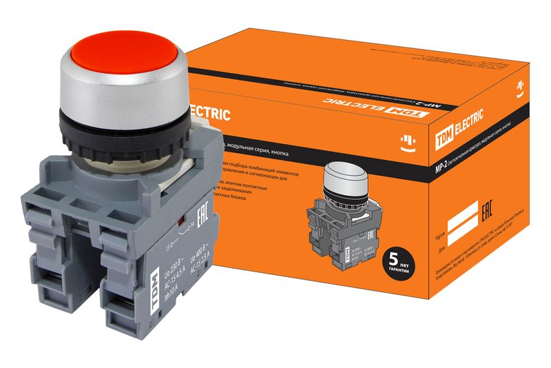 Кнопка с фиксацией MP2-20R в сборе d22мм 1з+1р красная TDM SQ0747-0007