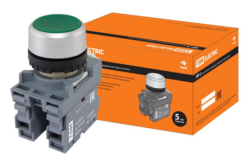 Кнопка с фиксацией MP2-20G в сборе d22мм 1з+1р зеленая TDM SQ0747-0008