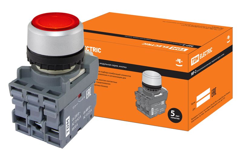 Кнопка с фиксацией MP2-21R(LED) в сборе d22мм/220В 1з+1р красная TDM SQ0747-0021