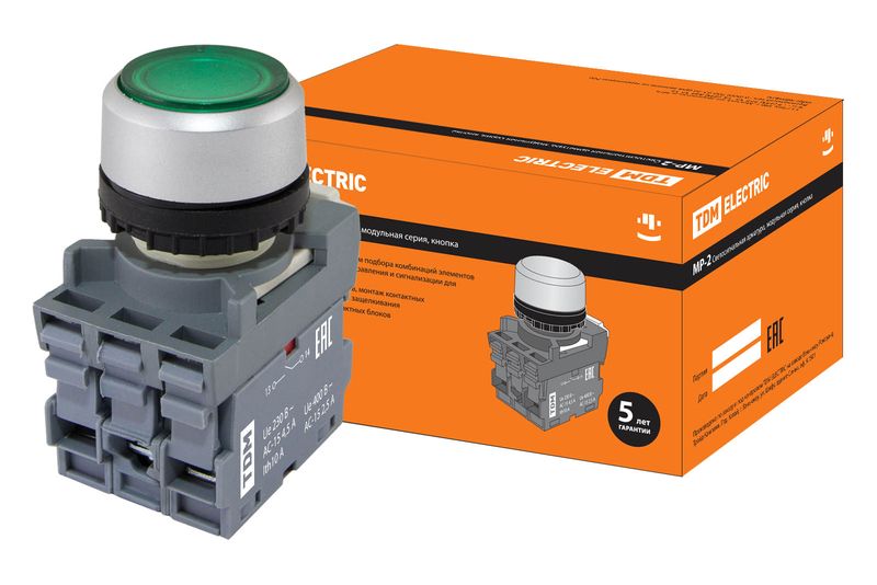 Кнопка с фиксацией MP2-21G(LED) в сборе d22мм/24В 1з+1р зеленая TDM SQ0747-0026