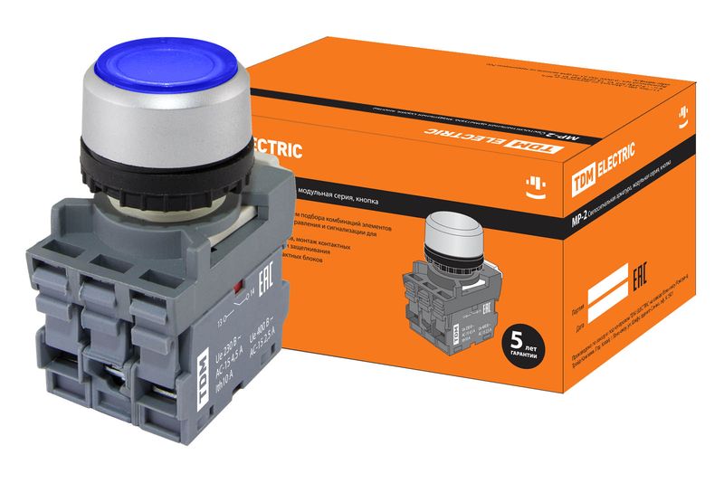 Кнопка с фиксацией MP2-21L(LED) в сборе d22мм/24В 1з+1р синяя TDM SQ0747-0028