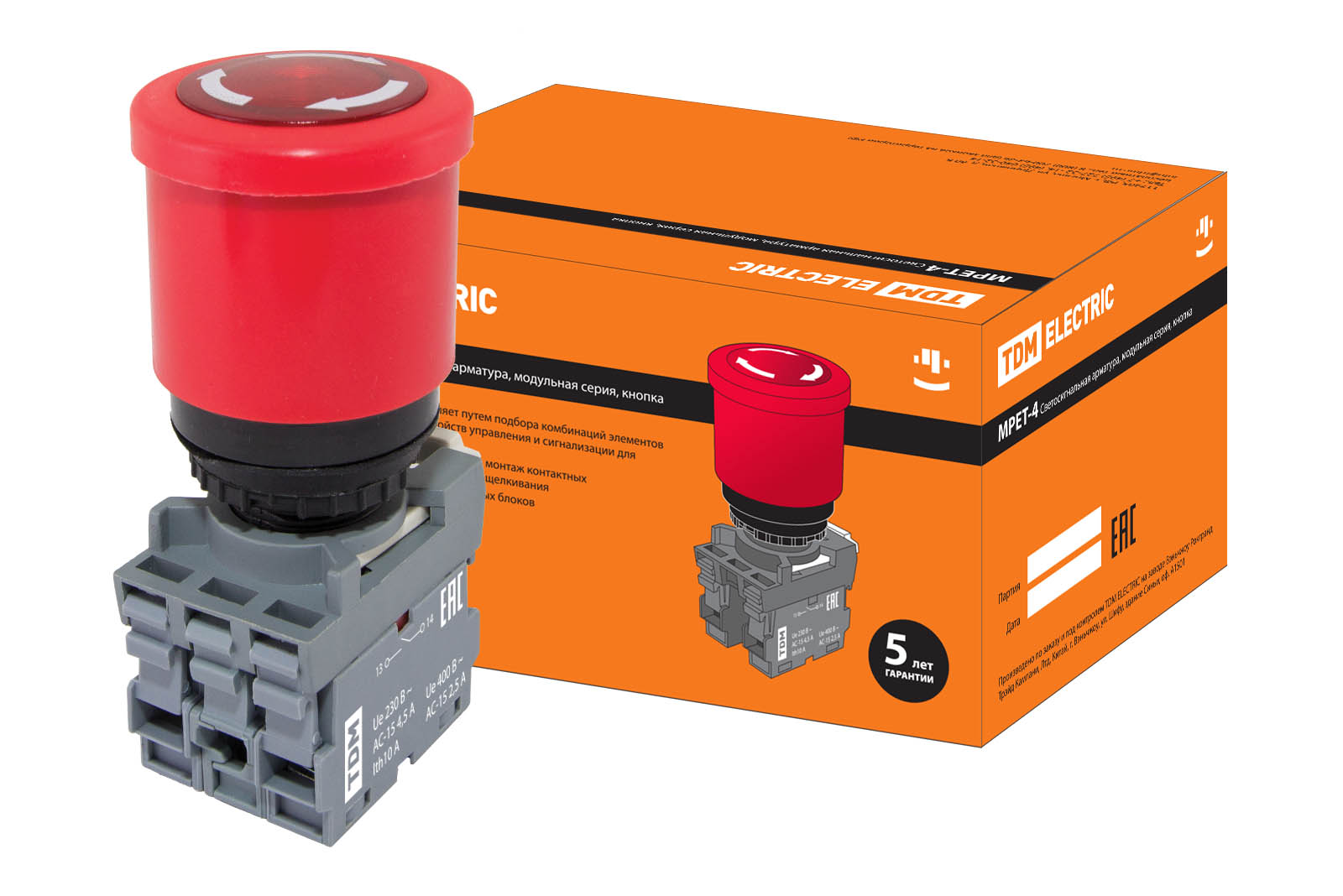 Кнопка грибовидная, возврат поворотом MPET4-10R в сборе d40мм 1з+1р красная TDM SQ0747-0030