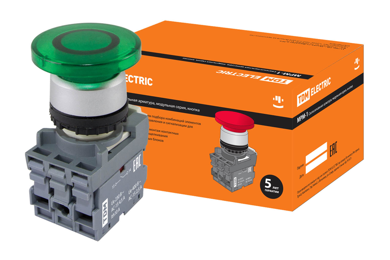 Кнопка грибовидная МРМ1-11G(LED) в сборе d40мм/220B 1з+1р зеленая TDM SQ0747-0031