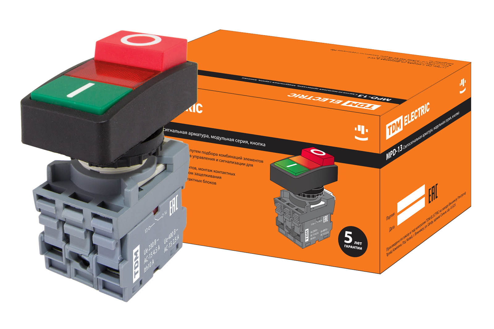 Кнопка двойная MPD13-11R (зеленая/красная-выступающая) (LED) d22мм/24В (I/O)  линза красная TDM SQ0747-0039