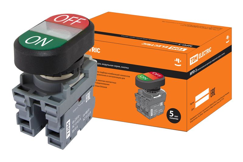 Кнопка двойная MPD3-11С (зеленая/красная) (LED) в сборе d22мм/220В (ON/OFF) линза прозрачная TDM SQ0747-0053