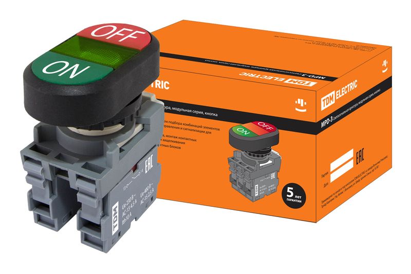 Кнопка двойная MPD3-11G (зеленая/красная) (LED) в сборе d22мм/24В (ON/OFF) линза зеленая TDM SQ0747-0063