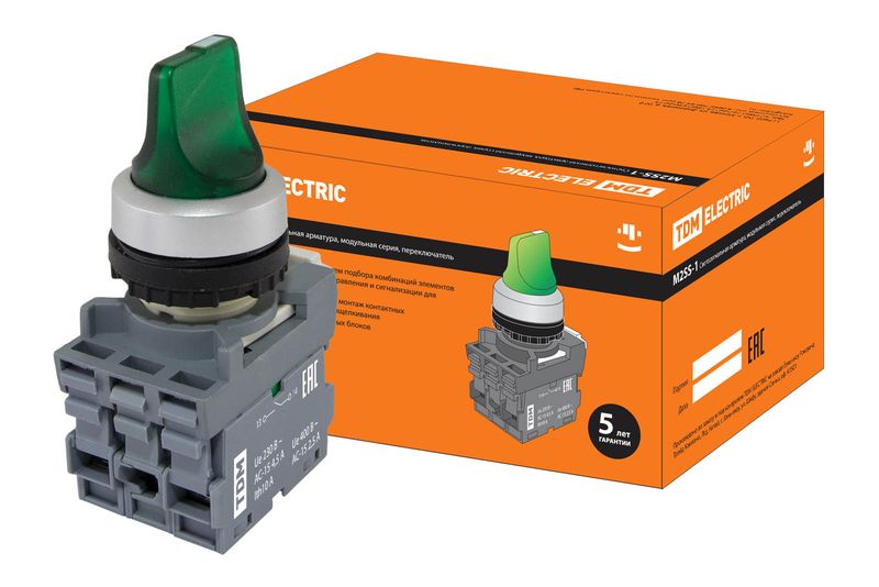 Переключатель на 3 положения с фиксацией M3SS1-21G короткая ручка(LED) d22мм/220B 1з+1р зеленый TDM SQ0747-0075