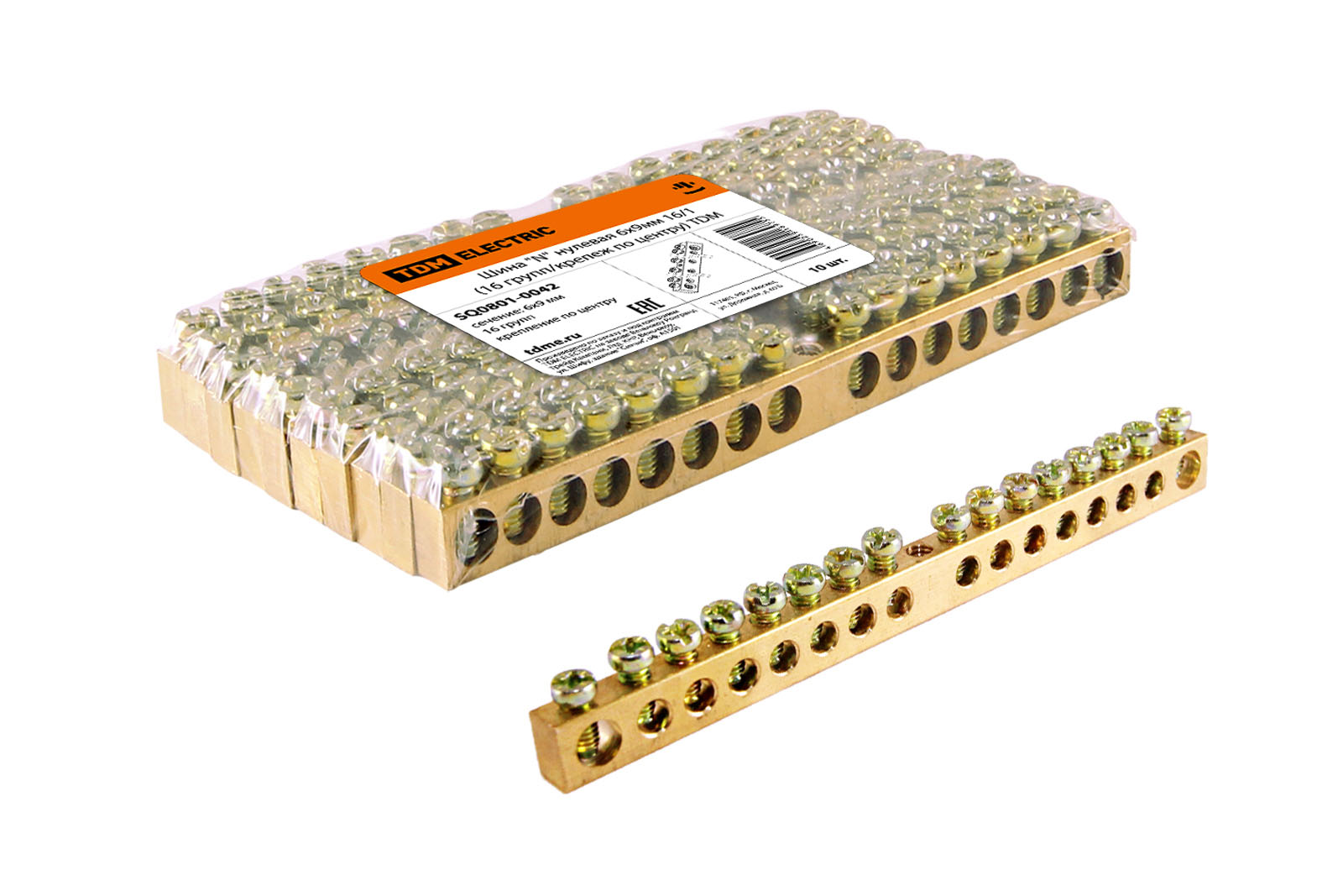 "Шина ""N"" нулевая 6х9мм 16/1 (16 групп/крепеж по центру) TDM" SQ0801-0042