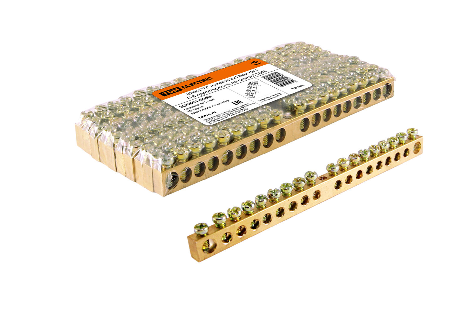 "Шина ""N"" нулевая 8х12мм 18/1 (18 групп/крепеж по центру) TDM" SQ0801-0053