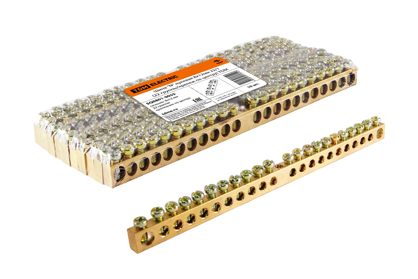 "Шина ""N"" нулевая 8х12мм 22/1 (22 группы/крепеж по центру) TDM" SQ0801-0055