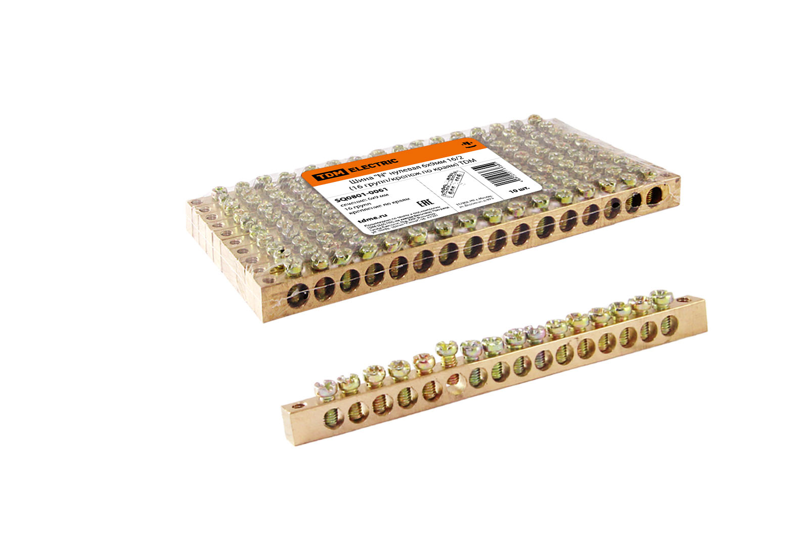 "Шина ""N"" нулевая 6х9мм 16/2 (16 групп/крепеж по краям) TDM" SQ0801-0061