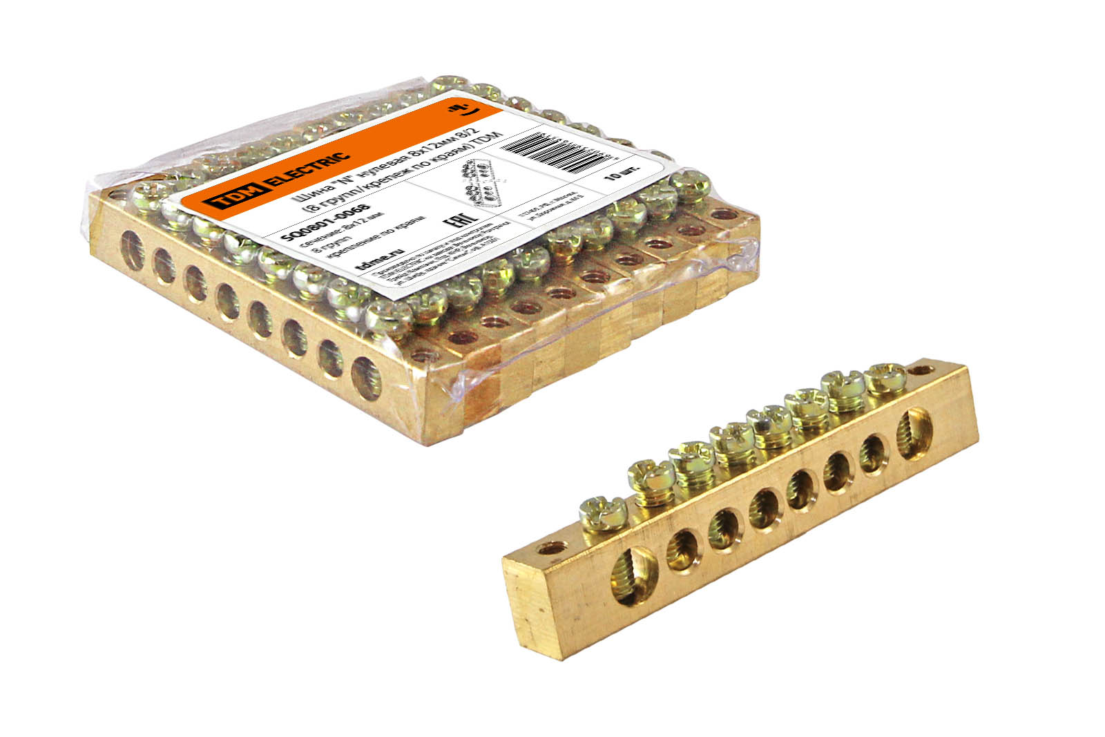 "Шина ""N"" нулевая 8x12мм  8/2 (8 групп/крепеж по краям) TDM" SQ0801-0068