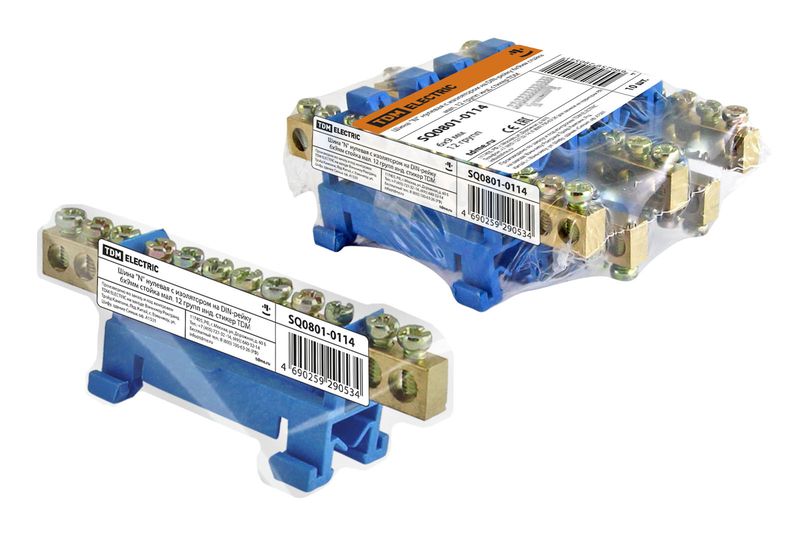 "Шина ""N"" нулевая с изолятором на DIN-рейку 6x9мм стойка мал. 12 групп инд. стикер TDM" SQ0801-0114