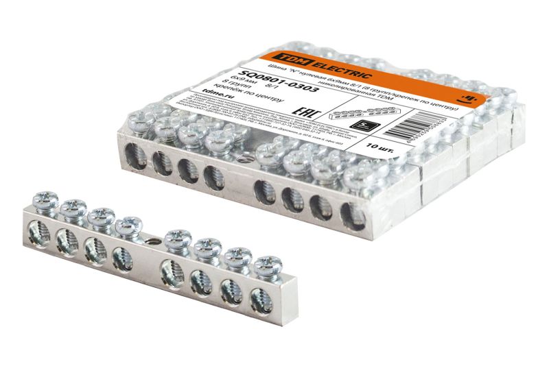 "Шина ""N"" нулевая 6х9мм 8/1 (8 групп/крепеж по центру) никелированная TDM" SQ0801-0303