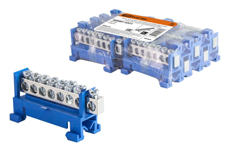 "Шина ""N"" нулевая с изолятором на DIN-рейку 6x9мм стойка мал. 8 групп никелированная TDM" SQ0801-0321