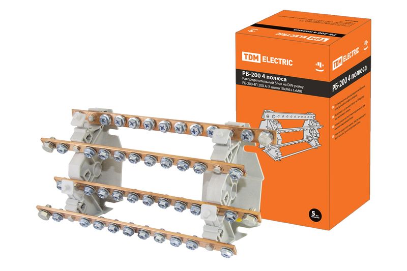 Распределительный блок на DIN-рейку РБ-200 4П 200А (4 шины 10xM6+1хM8) TDM SQ0823-0008