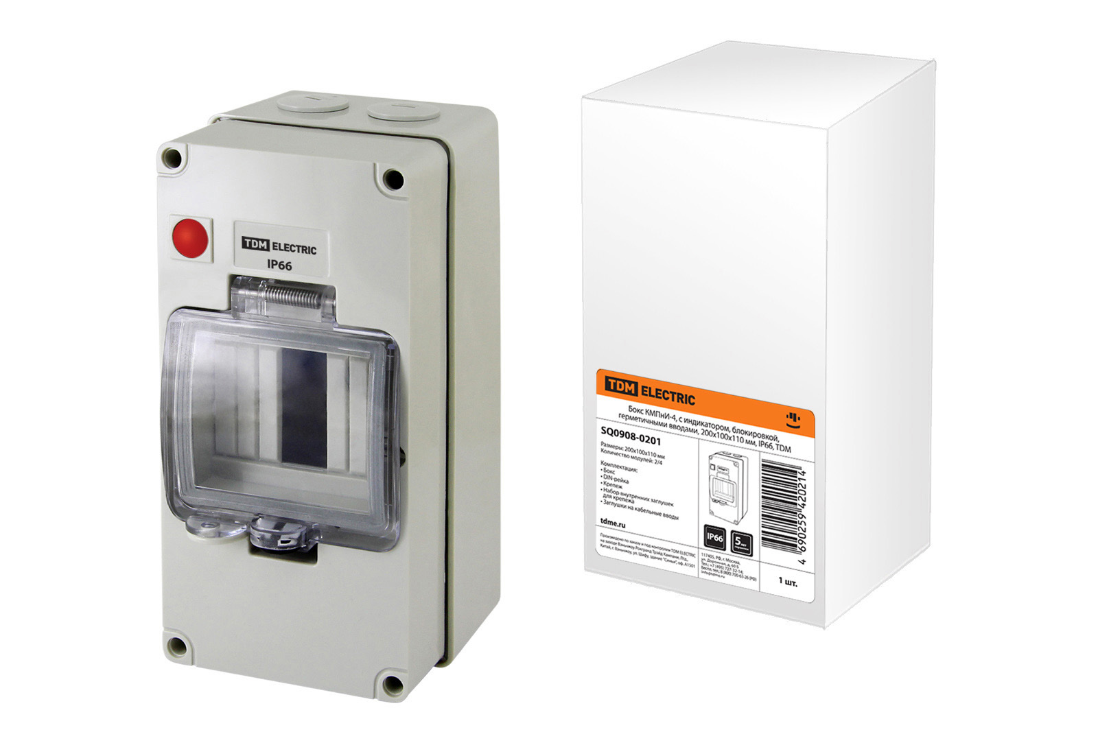 Бокс КМПнИ-4, с индикатором, блокировкой, герметичными вводами, 200х100х110 мм, IP66, TDM SQ0908-0201
