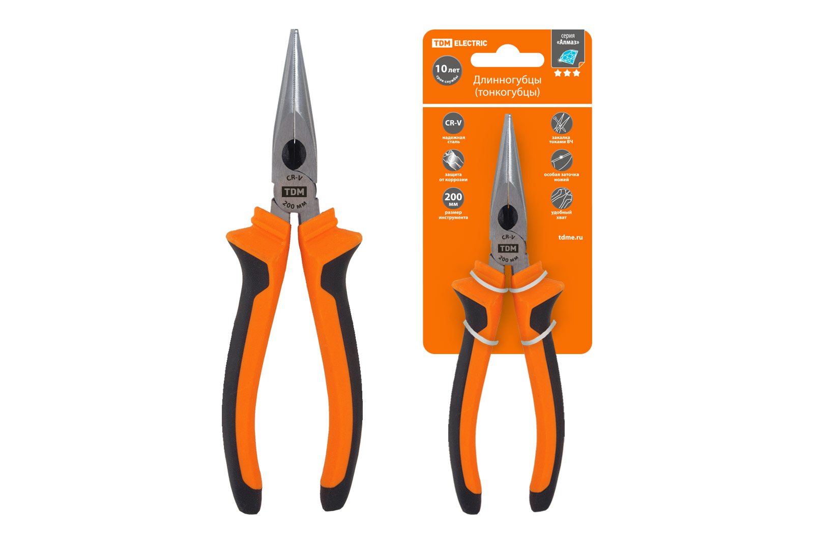 "Длинногубцы (тонкогубцы), с двухкомпонентными рукоятками, CR-V сталь, 200 мм, серия ""Алмаз"" TDM" SQ1011-0204