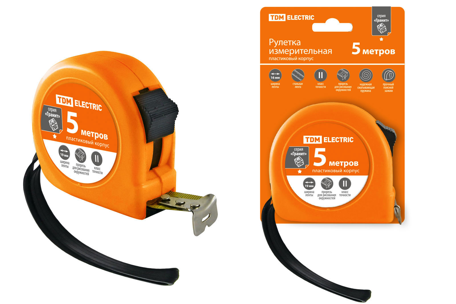 "Рулетка, длина 5 м, стальная лента, ширина 19 мм, пластиковый корпус, ""Гранит"" TDM" SQ1018-0102