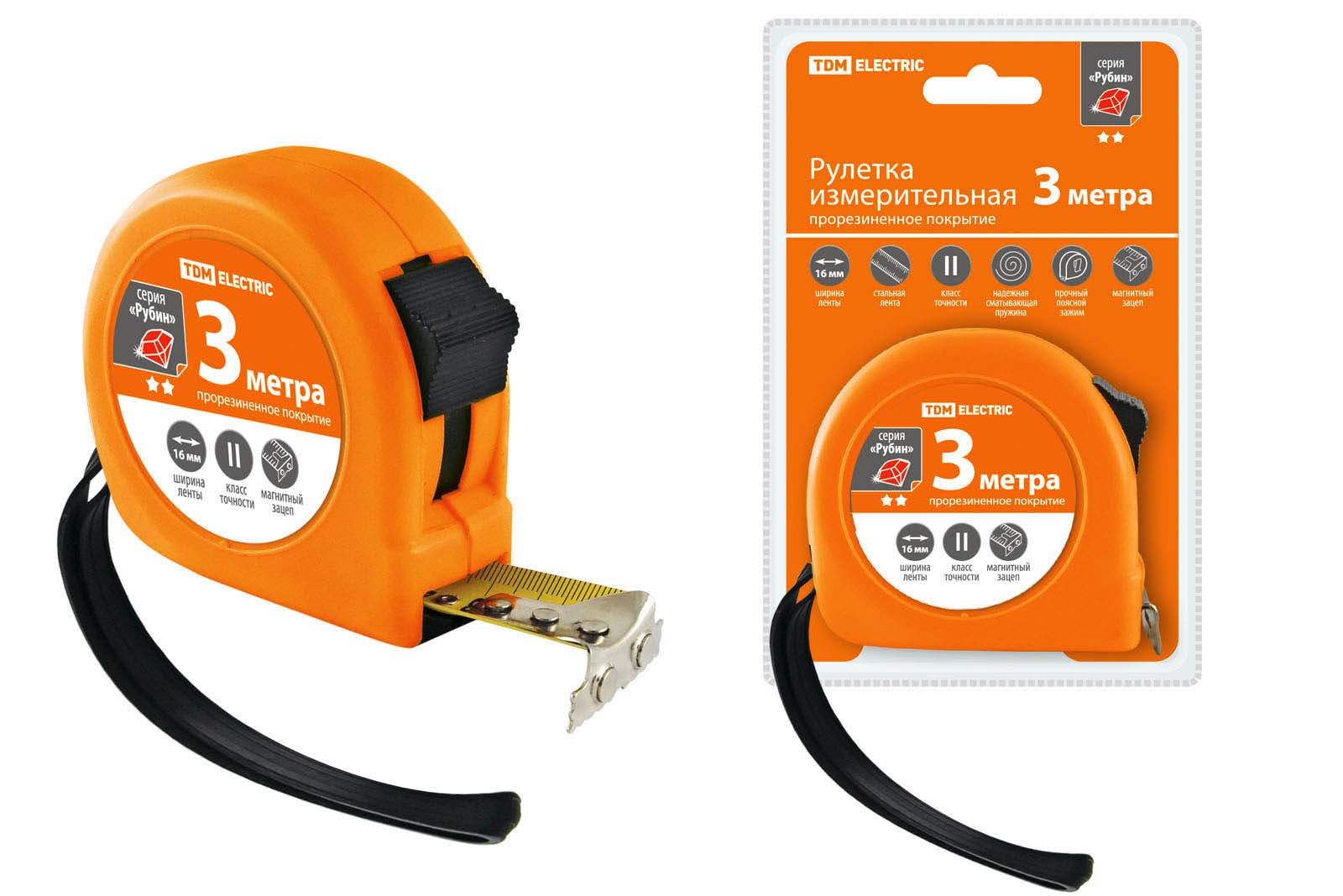 "Рулетка, длина 3 м, стальная лента, ширина 16 мм, прорезиненное покрытие, магнит, ""Рубин"" TDM" SQ1018-0105