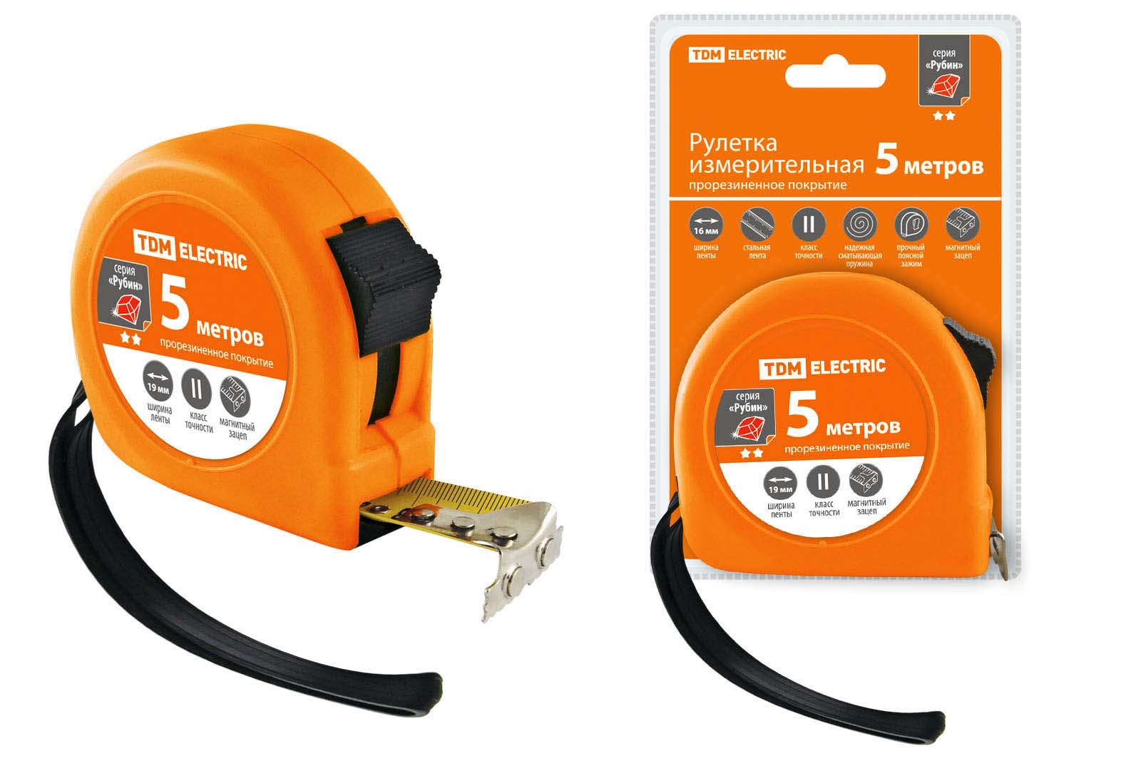 "Рулетка, длина 5 м, стальная лента, ширина 19 мм, прорезиненное покрытие, магнит, ""Рубин"" TDM" SQ1018-0106