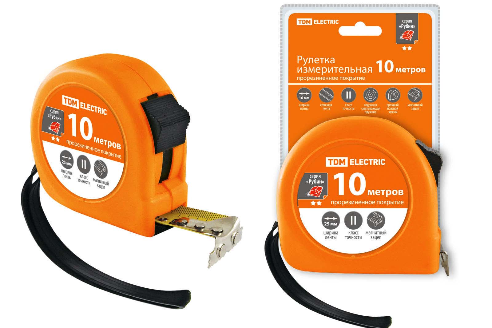 "Рулетка, длина 10 м, стальная лента, ширина 25 мм, прорезиненное покрытие, магнит, ""Рубин"" TDM" SQ1018-0108