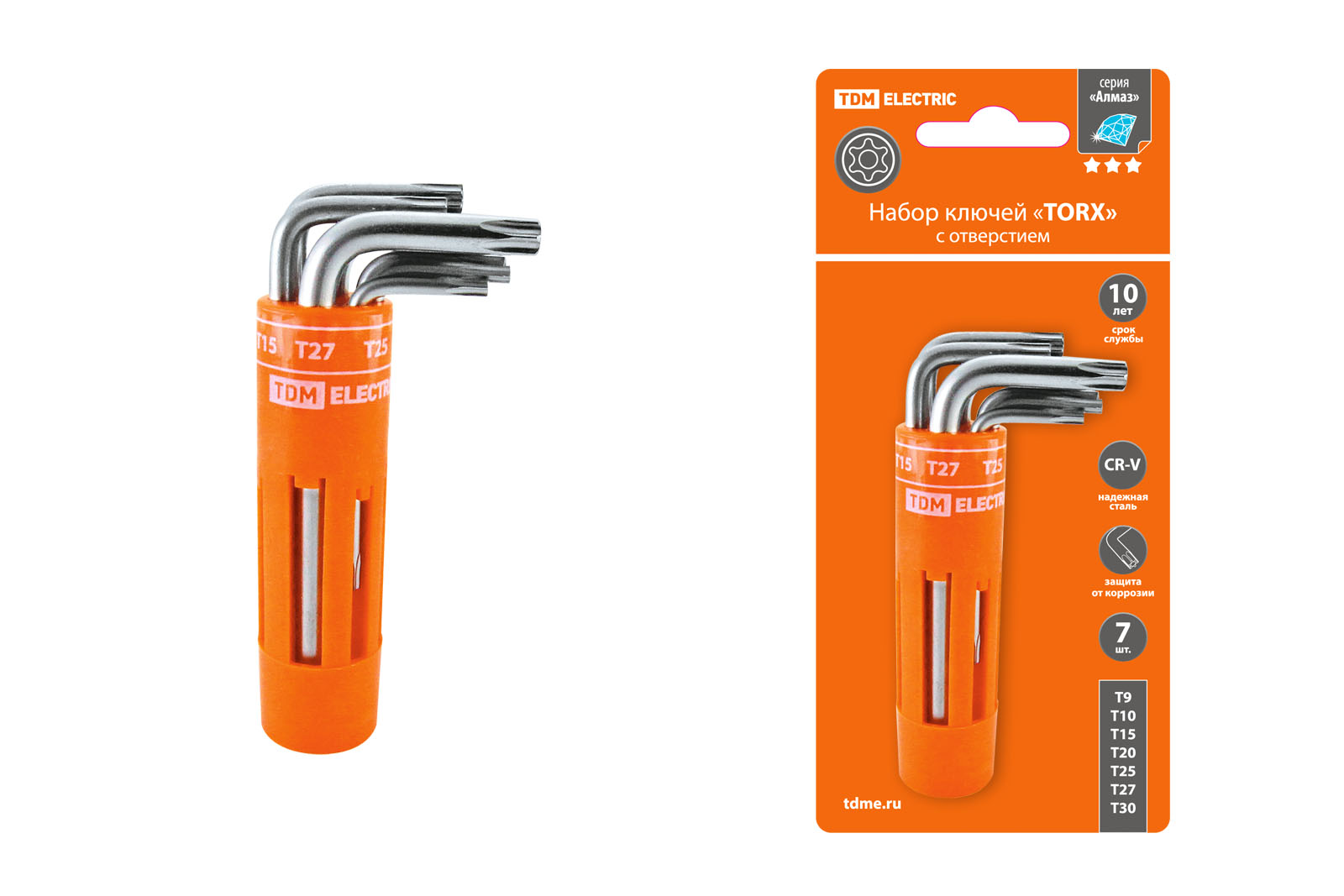 "Набор ключей ""TORX"" с отверстием 7 шт: T9-T30 (круглый держатель в блистере), CR-V сталь ""Алмаз"" TDM" SQ1021-0101