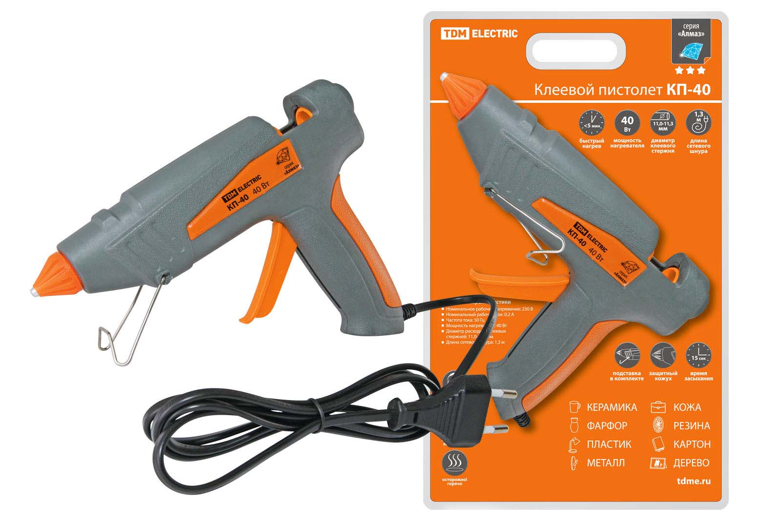 "Клеевой пистолет КП-40 , 11,3 мм, с подставкой, шнур 1,3 м, 40 Вт, Т=220 С ""Алмаз"" TDM" SQ1024-0101