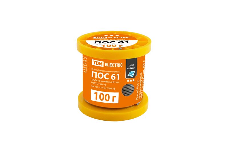 "Припой ПОС 61, трубка с канифолью, ГОСТ 21931-76, ?1 мм, 100 г, катушка, серия ""Алмаз"" TDM" SQ1025-0304